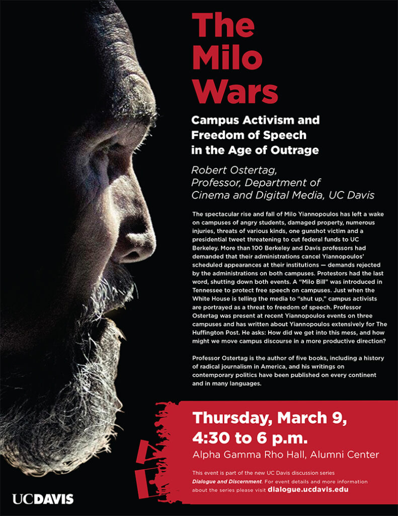 Flier for a special presentation called Milo Wars for UC Davis designed by Tom Watts