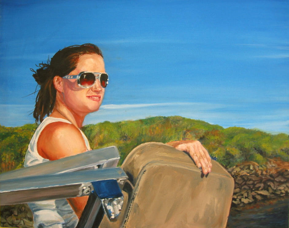 a painting of a girl on a boat in the Stockton River Delta