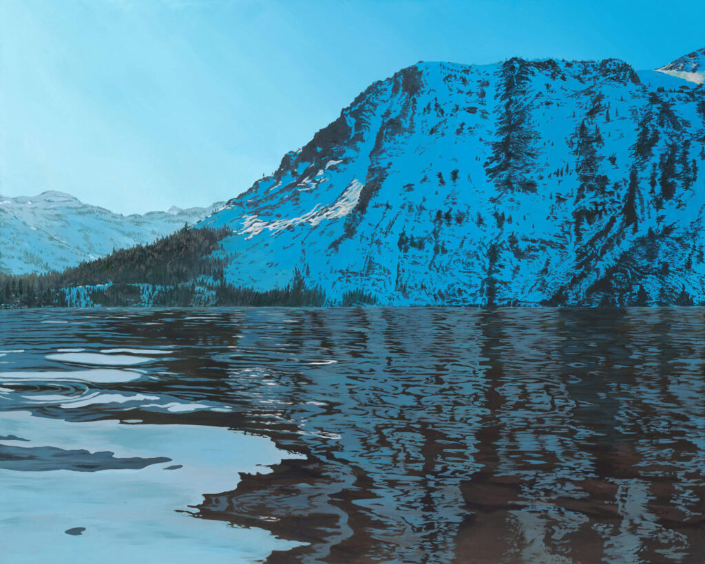 A painting of Fallen Leaf lake with Cathedral peak in the background reflecting into the water