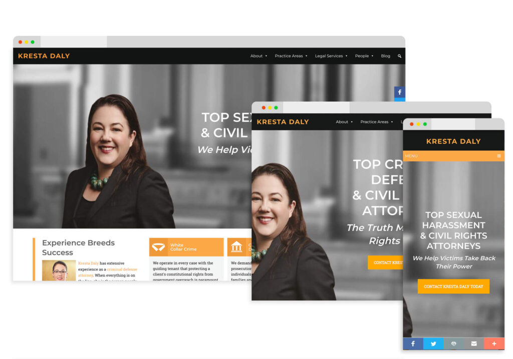 A view of Kresta Daly's website in three different devices.