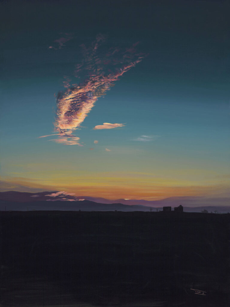 a painting of a cloud lit by the rising sun