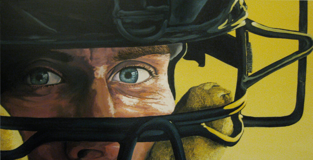 A painting of a close up view of a baseball player in a catcher's mask