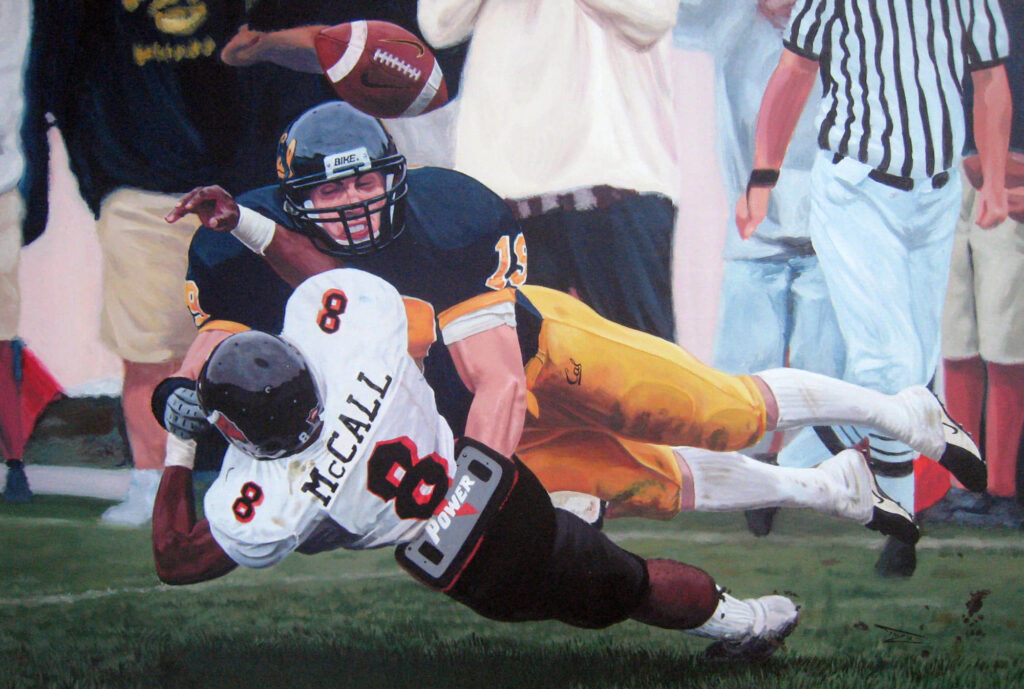 A painting of a Cal football player making a huge hit on a player from Oregon State