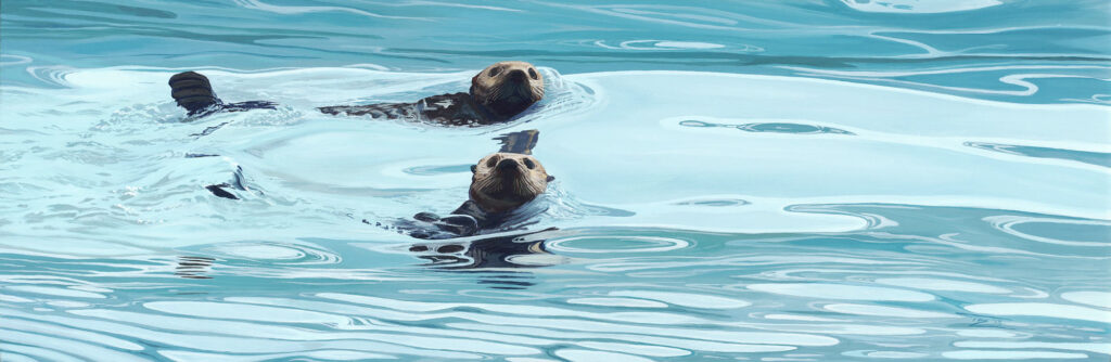 A painting of two playful sea otters swimming in the wavy waters of Prince William Sound