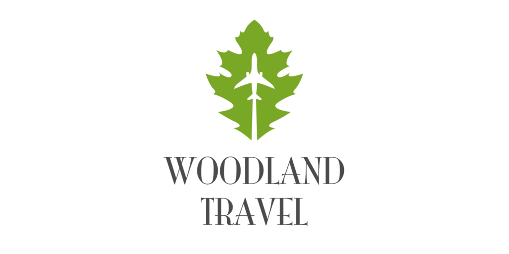 woodland travel logo featuring an oak leaf with an airplane in the middle of the negative space.