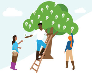 an illustration of a person handing light bulbs that have grown on a tree to another person who is collecting them.