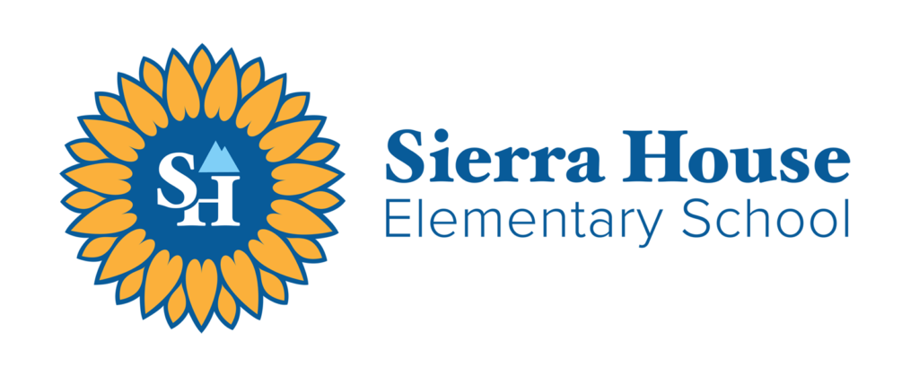 The logo for Sierra House elementary school featuring a sunflower and blue and gold palette, designed by Tom Watts
